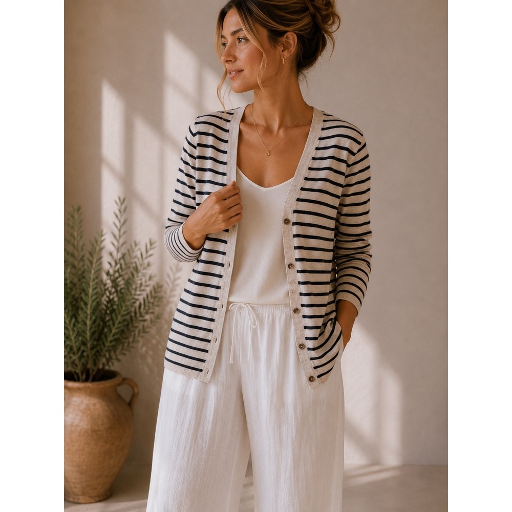 Brochu Walker Cardigan Womens M Ivory Black Striped Linen Blend V-Neck MLS433